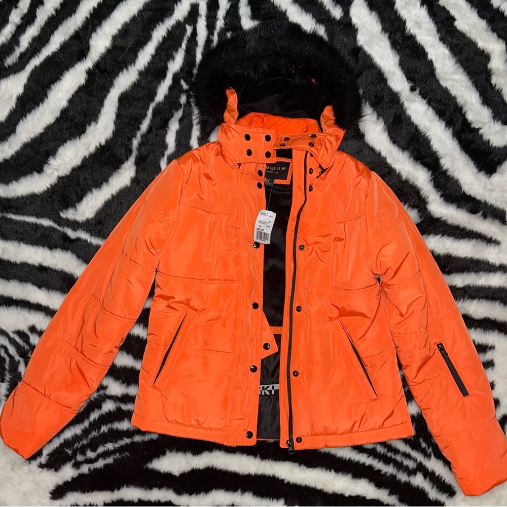 Orange Puffer Jacket W/ Fur